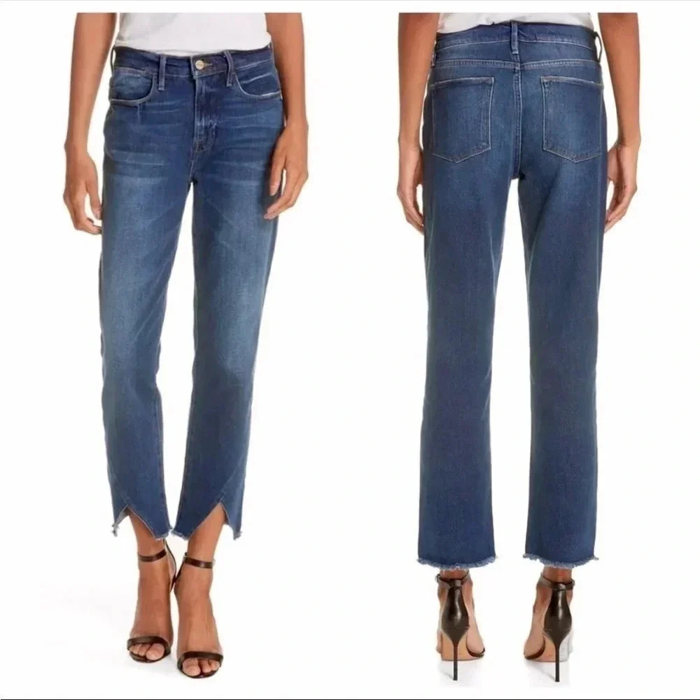 FRAME Denim Le High Straight Asymmetric Hem Jeans Kingsway High Rise Cropped 26